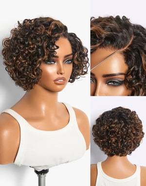 Brown Highlight Pixie Cut Short Curly Wig