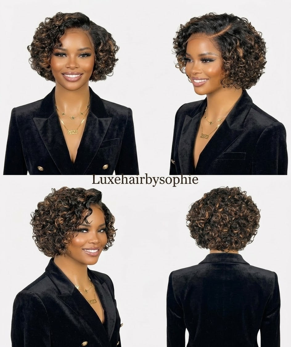 Brown Highlight Pixie Cut Short Curly Wig