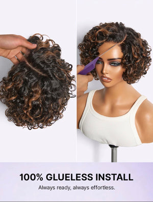 Brown Highlight Pixie Cut Short Curly Wig